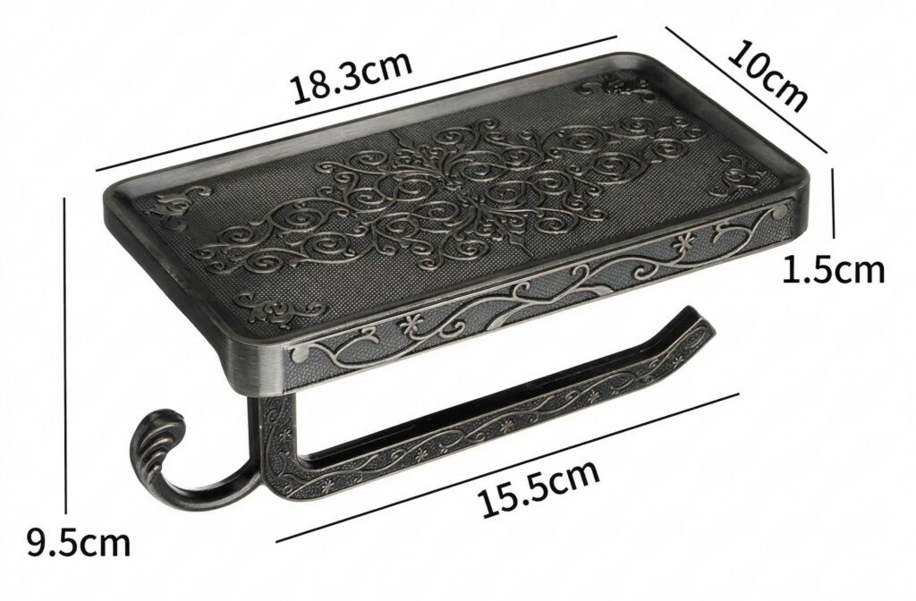 Wymiary antycznego retro uchwytu na papier toaletowy.