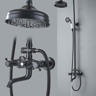 Bateria prysznicowa retro - Czarna Deszczownia z Białą Słuchawką