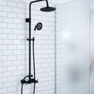 Bateria prysznicowa retro - Czarna Płaska Deszczownia Bez Wylewki z Białą Słuchawką