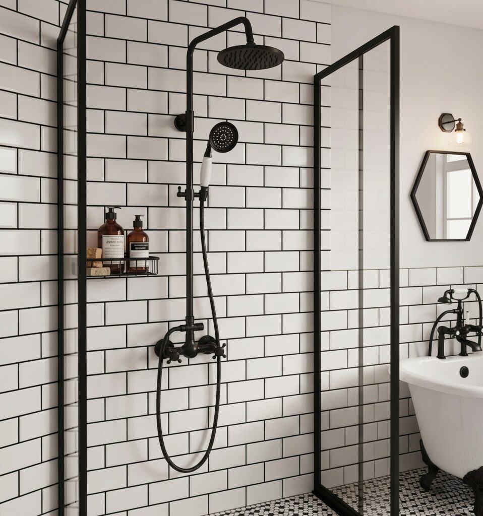 Bateria prysznicowa w łazience retro z płytkami ściennymi w stylu metro. Kabina walk-in