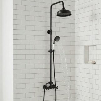 Bateria prysznicowa retro - Wysoka Deszczownia, Biała Słuchawka i Kurki bez Wylewki