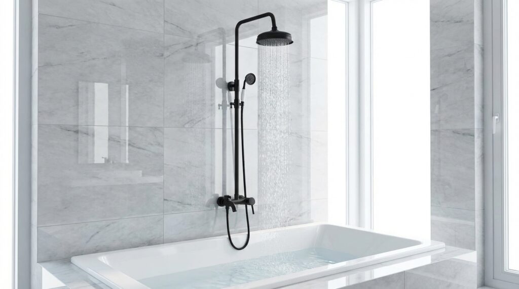 Czarna nowoczesna bateria prysznicowa nad wannę w szarej łazience