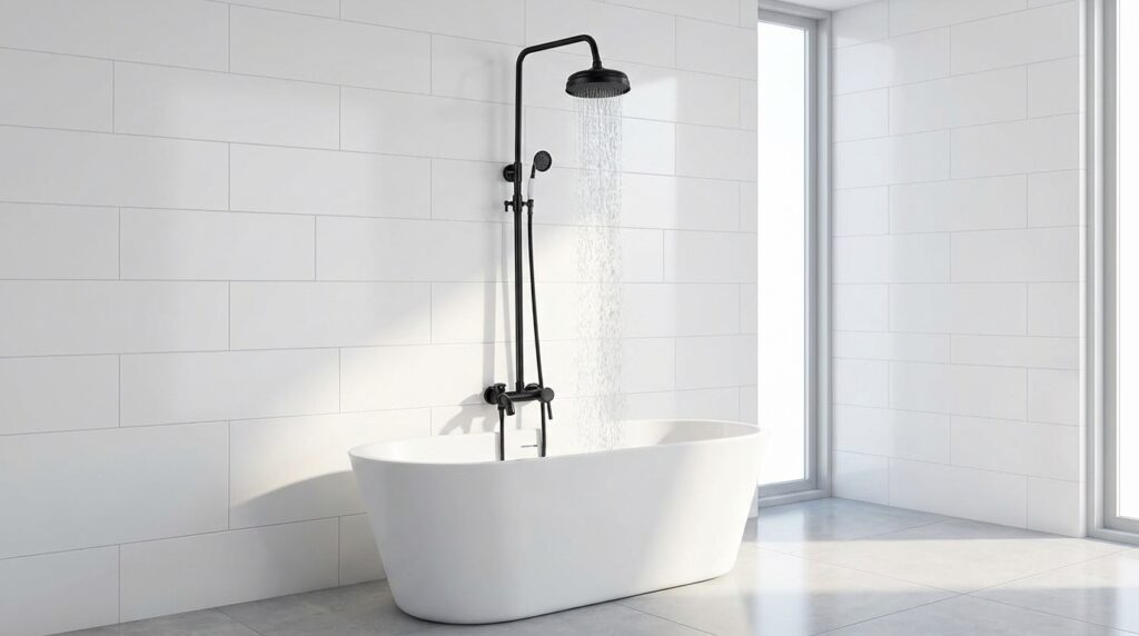 Nowoczesna bateria prysznicowa nadwannowa w białej łazience