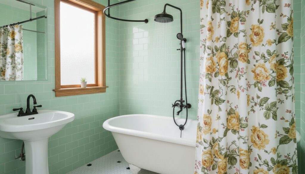 Nadwannowa bateria prysznicowa retro w turkusowej łazience