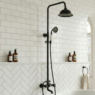 Bateria prysznicowa retro - Czarna Kopułkowa Deszczownia i Biała Słuchawka