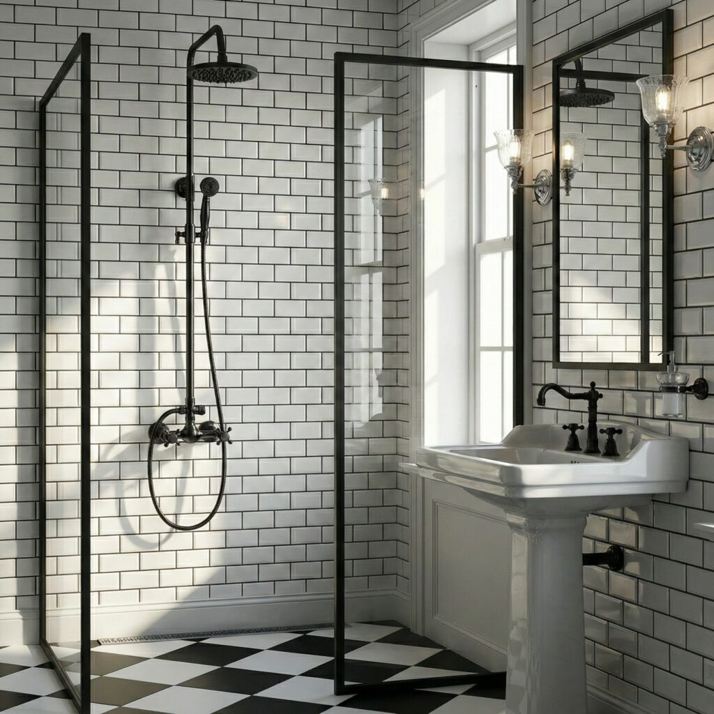 Retro bateria prysznicowa bez wylewki, aranżacja łazienkowa.