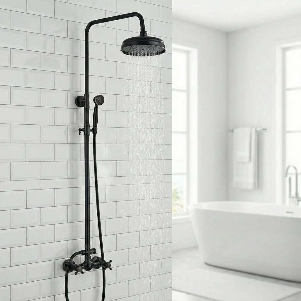 Czarna bateria prysznicowa retro do kabiny prysznicowej w białej łazience