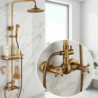 Bateria prysznicowa retro - Deszczownia Vintage z Półką bez Dolnej Wylewki