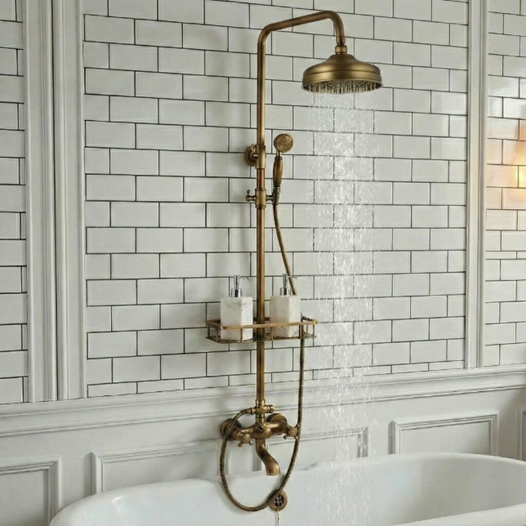 Bateria prysznicowa retro stare złoto z półką, nadwannowa