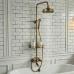 Bateria prysznicowa retro stare złoto z półką, nadwannowa