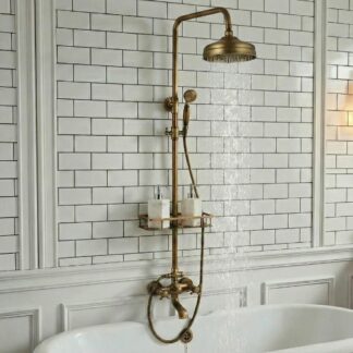 Bateria prysznicowa retro stare złoto z półką, nadwannowa