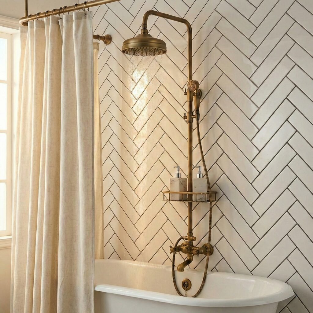 Bateria prysznicowa retro stare złoto z półką, nadwannowa