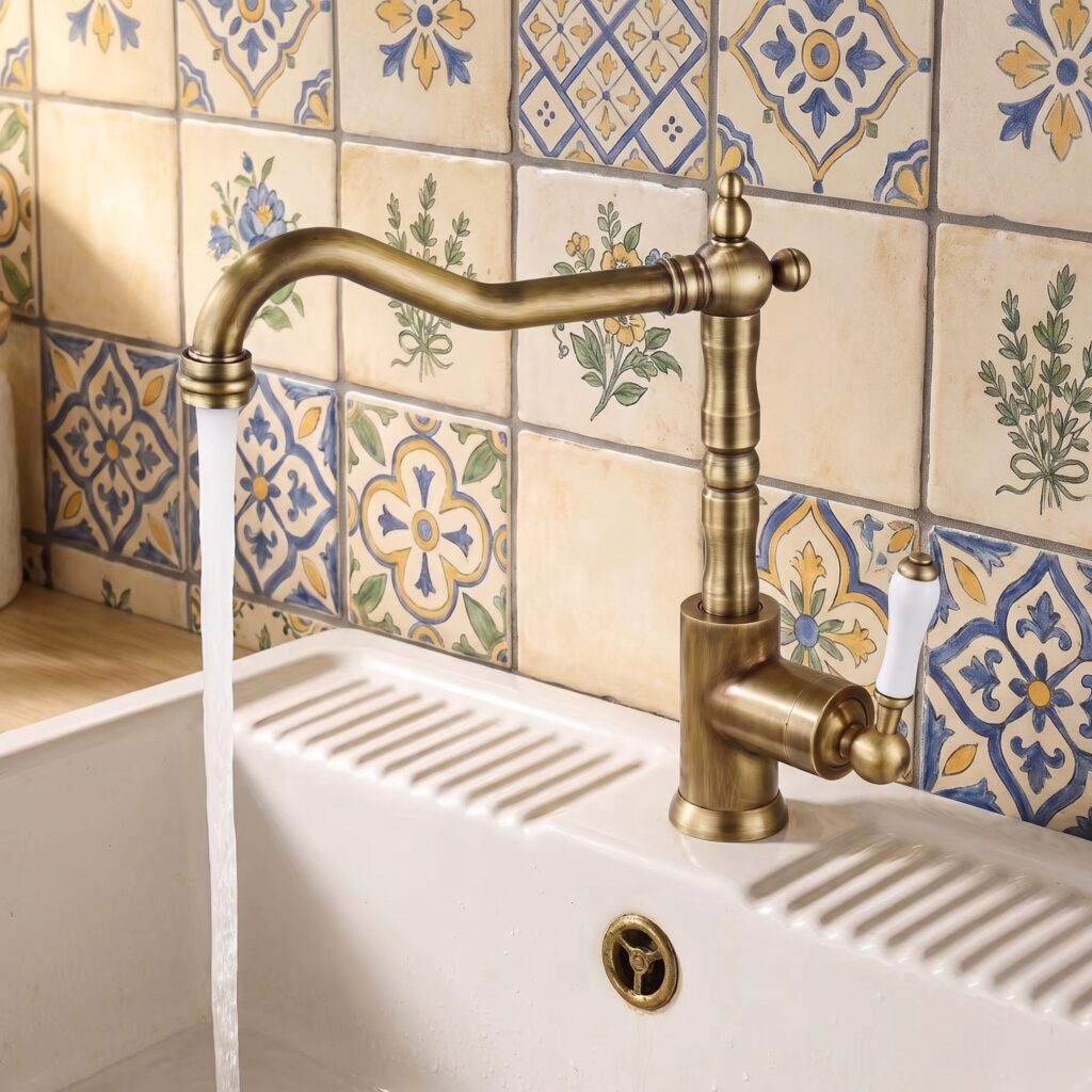 Bateria kuchenna retro Antyczna Prowansja mosiądz z ceramiczną rączką