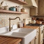 Bateria umywalkowa - Klasyczny Dwór - wariant stare złoto - mosiądz zamontowana na ceramicznym zlewozmywaku w kuchni retro