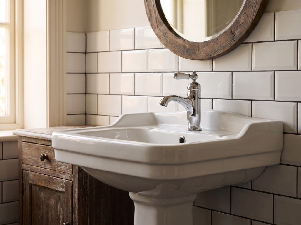 Elegancka bateria umywalkowa Porcelanowy Akcent chromowana z białym uchwytem